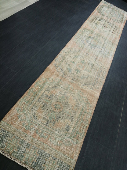 11.9x2.2 Distressed Runner Rug Turkish Runner Rug Muted Vintage Runner Rug  Faded Hallway Runner Rug Kitchen Runner Rug Wool Runner Rug