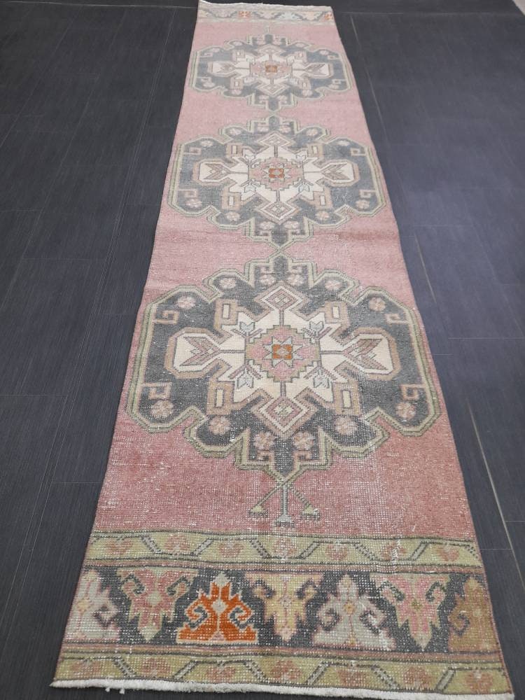 Muted Vintage Runner Rug 2.6 x 10.6 Hand Made Runner Rug Turkish Runner Rug Pink Vintage Runner Rug Hallway Runner Rug Wool Kitchen Runner