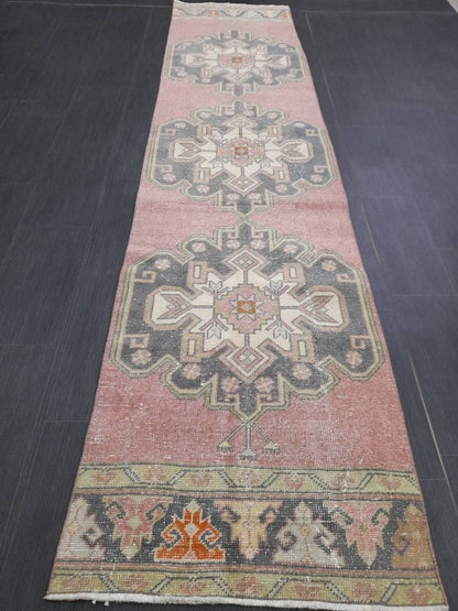 Muted Vintage Runner Rug 2.6 x 10.6 Hand Made Runner Rug Turkish Runner Rug Pink Vintage Runner Rug Hallway Runner Rug Wool Kitchen Runner