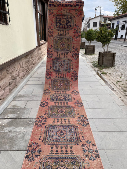Wool Extra Long Turkish Runner Rug, Very Long Oushak Runner 2.7 x 17.4 ft Rug, Vintage Runner Rug, XL Handmade Runner Rug Staircase carpet