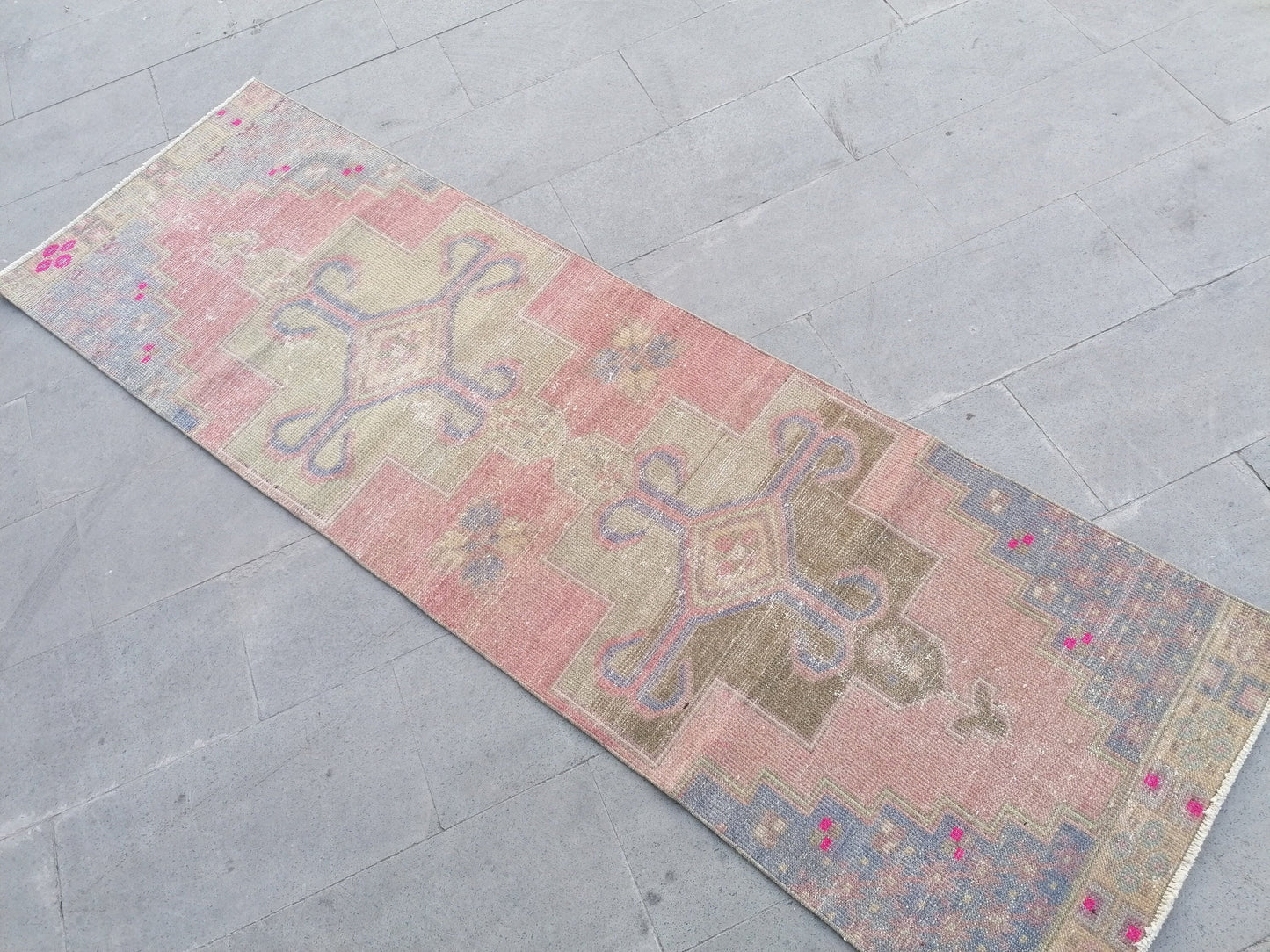 Runner rug 2'7x8'3 distressed vintage runner , rustic hand made wool runner