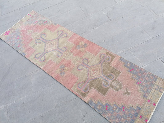 Runner rug 2'7x8'3 distressed vintage runner , rustic hand made wool runner