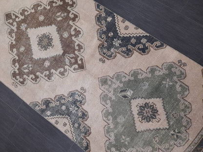 Muted Handmade Runner Rug Muted Turkish Runner Rug 3 x 12.6 Vintage Runner Rug Hallway Runner Rug Kitchen Runner Rug Pale Wool Oushak Runner
