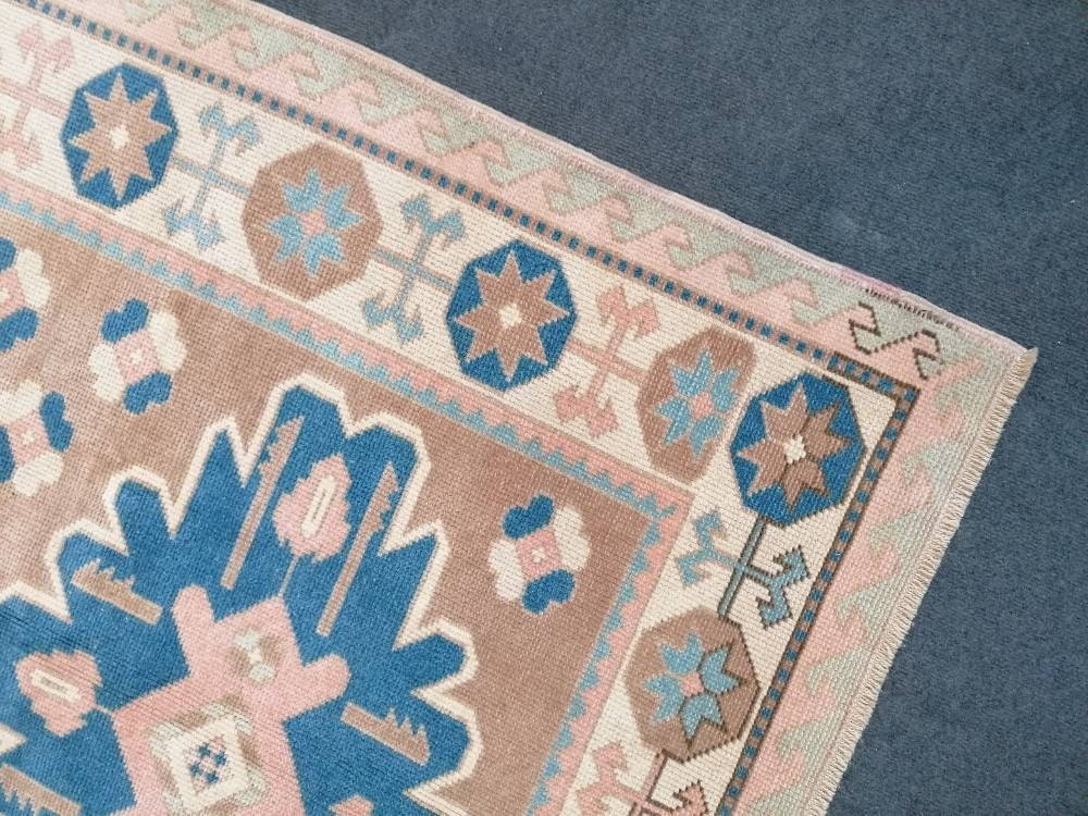 Turkish rug 4'5x7'3 blue and pink wool rug, vintage oushak rug, hand made living room rug