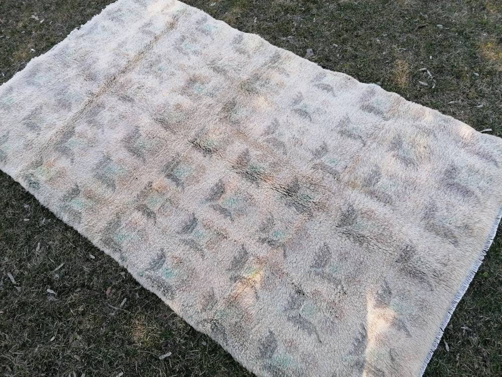 Shaggy rug, organic wool long pile 4'9x8  unique hand made bed rug, bohemian traditional