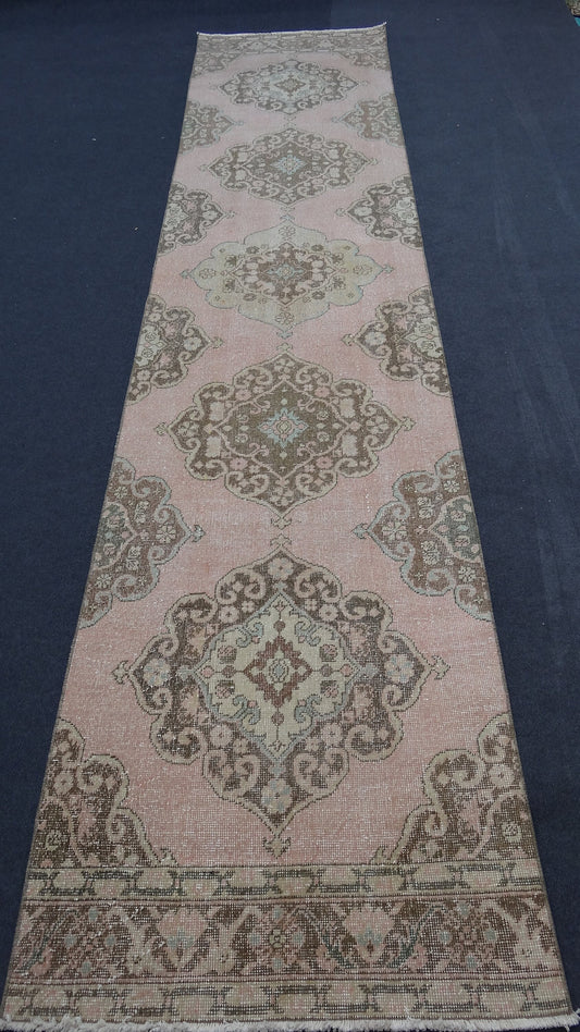 Turkish runner rug,muted soft colors rug,vintage rug,turkish oushak rug,rustic unsual tribal rug,traditional turkish design,159x35 inches