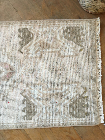 1.4x3.4 feet grey mini turkish rug, handmade brown bedroom area rug, bath mat mini rug, bathroom small rug, oushak kitchen rug, hallway rug