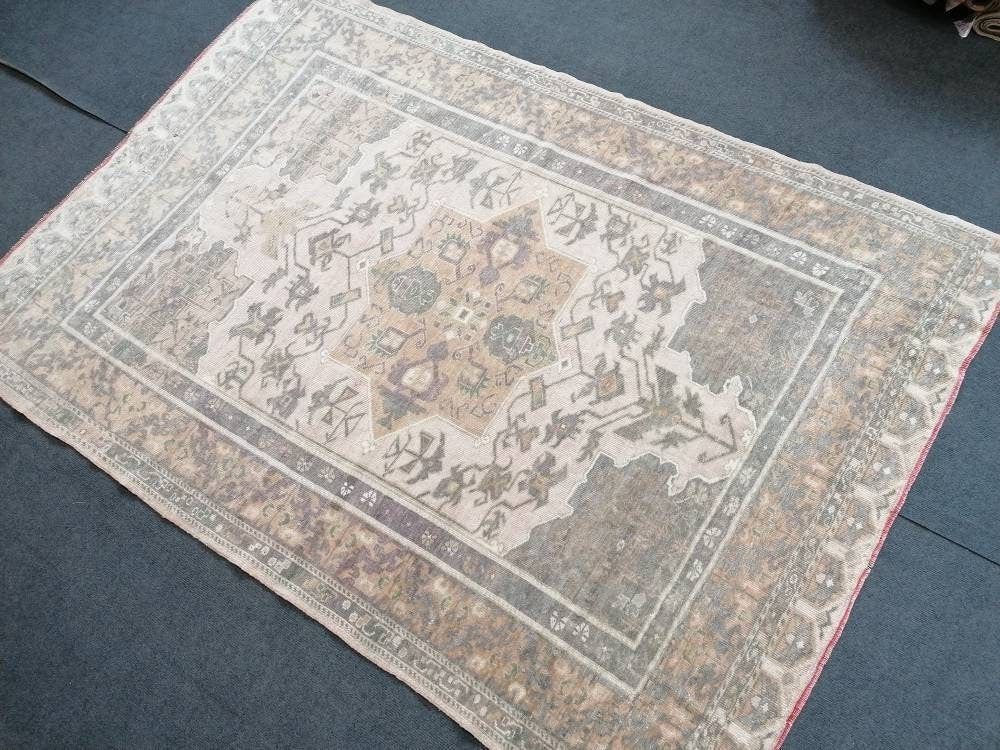 4'8x6'9 vintage muted rug, faded oushak rug,handmade living room rug, turkish rug