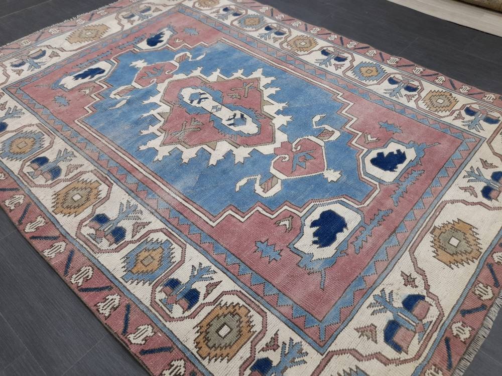 Blue Distressed Wool 5.6 x 7.8 RUG TURKISH Rug Vintage Oriental Rug Vintage Rug Oushak Rug Hand Made Rug Vintage Hand Knotted Turkish Rug