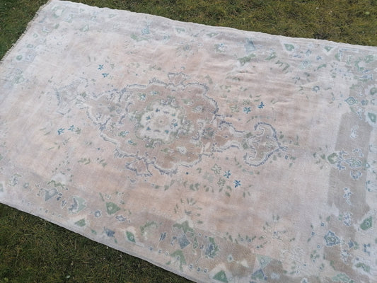 Faded turkish rug 8'2x5'3 muted soft color vintage rug, vintage oushak rug, unique hand made rug, kitchen rug , bohemian rug