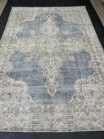 Denim Blue TURKISH HAND MADE Rug 7.7 x 11.5 Vintage Distressed Rug Oushak Rug   Traditional Rug Oriental Rug Vintage Floral Rug Wool Rug