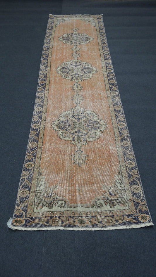 3x11 feet runner rug, vintage runner rug, turkish oushak runner rug, destroyed wool rug, handmade rug runner, corridor runner, entryway rug