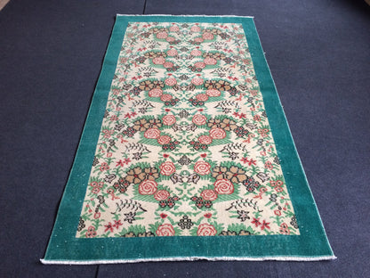 Vintage Rug, Turkish Rug Bohemian Rug, Living Room Rug, Oushak Rug,Hand woven Rug,Weaving Rug, 7 x 4 feet, Green Floral Rug