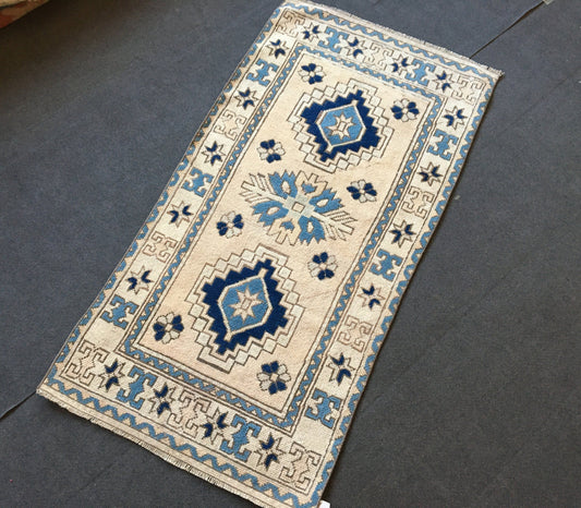 2.6x5.1 feet neutral wool rug, muted handmade living room rug, oushak large kitchen floor rug, turkish hallway area rug, vintage blue rug