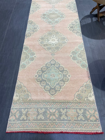 Muted Oushak Runner Rug, Turkish Runner 2.9 x 11.5 Rug Vintage Runner Rug Hallway Runner Rug Kitchen Runner Rug Wool Runner Handmade Runner