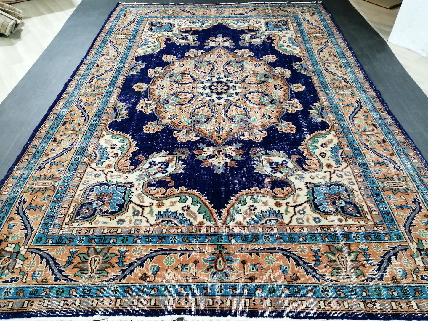 Blue Oushak Rug, 7 x 10.7 Vintage Rug, Bohemian Rug, Rug Runner, Turkish Rug, Farmhouse Rug, Blue Vintage Rug, Wool  Oriental Rug