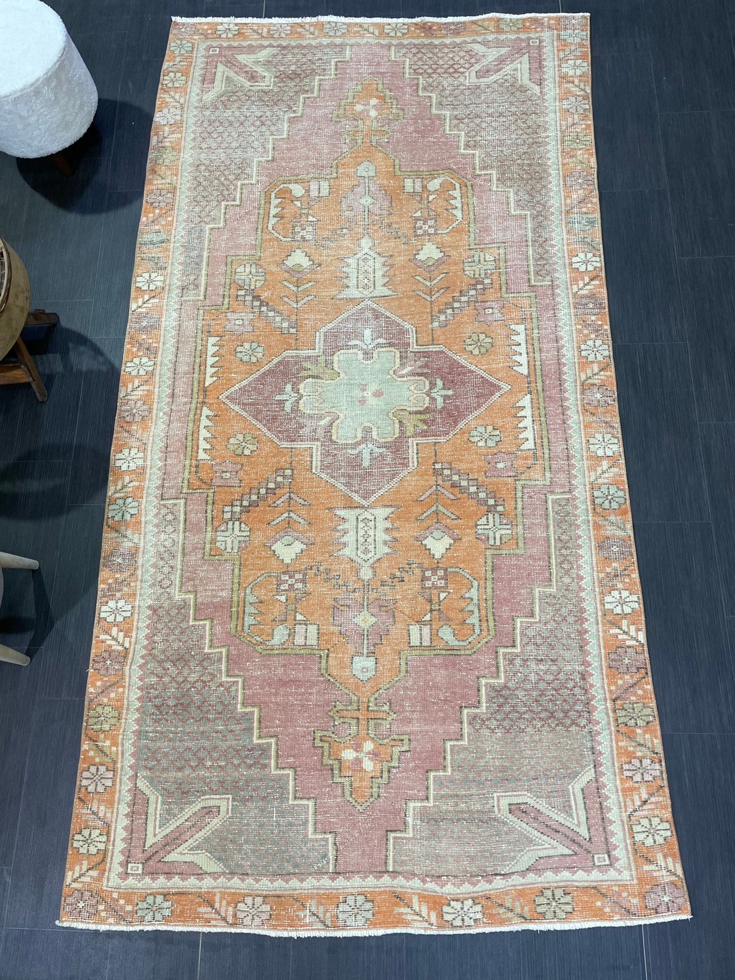 Handmade Rug, Persian 4.5 x 8.5  Rug, Navy Hand Knotted Rug, Vintage Rug, Yellow and Orange Turkish Rug, Oushak Rug, Oriental Rug, Wool Rug