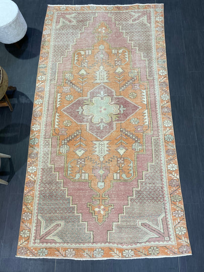 Handmade Rug, Persian 4.5 x 8.5  Rug, Navy Hand Knotted Rug, Vintage Rug, Yellow and Orange Turkish Rug, Oushak Rug, Oriental Rug, Wool Rug