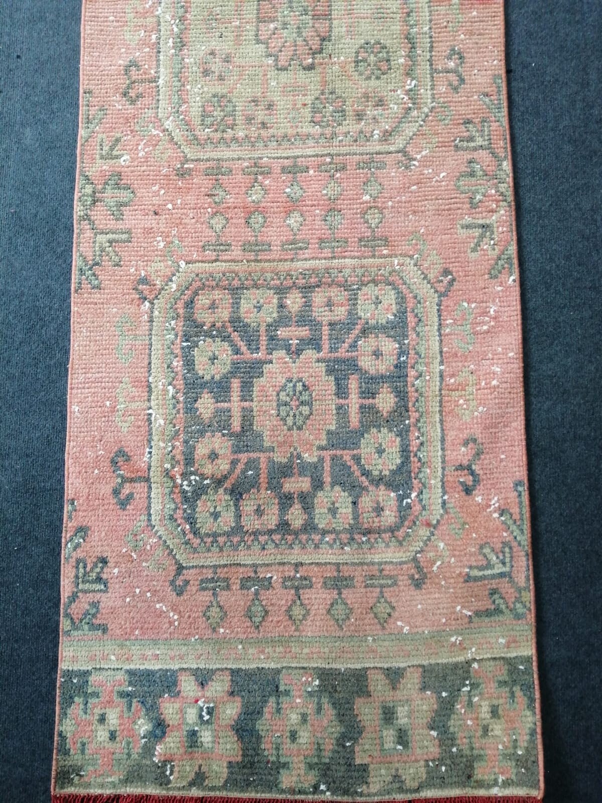 11'4x2'2 oushak turkish runner rug, vintage runner rug, vintage oushak runner rug, vintage anatolian rug,unique hand made rug,kitchen rug