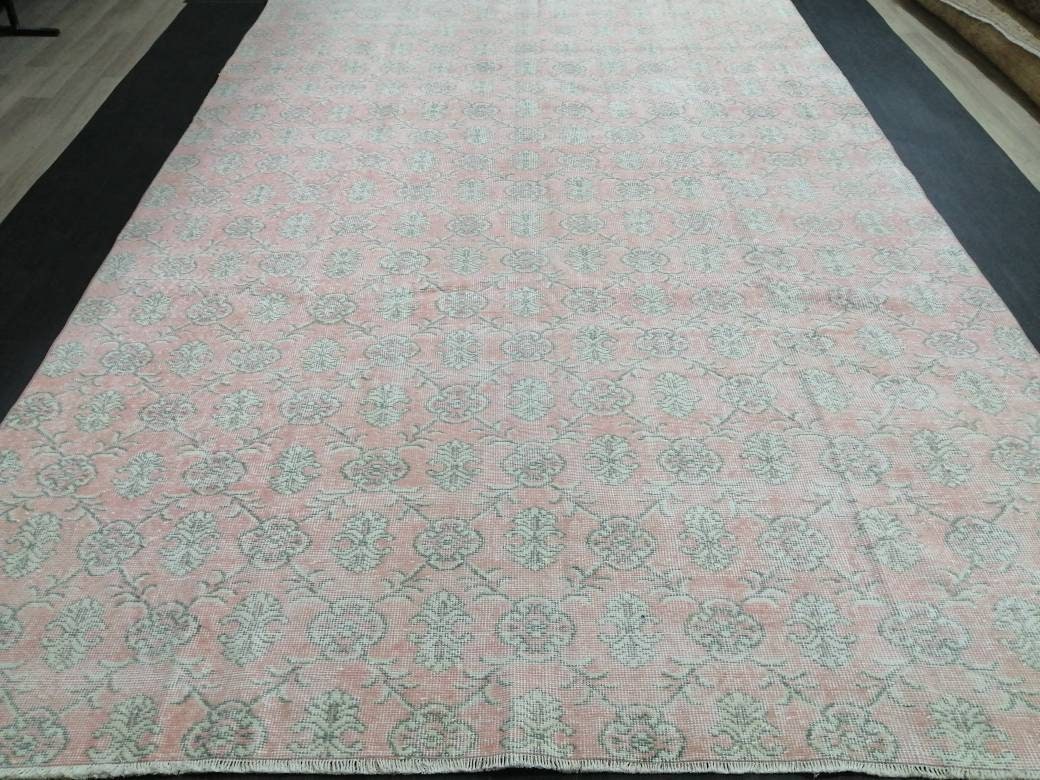 Large Vintage RUG TURKISH Rug 10.5 x 7 Pink Vintage Persian Rug Vintage Oriental Rug Wool Oushak Rug Hand Made Rugs Vintage Turkish Rug