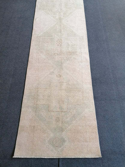 2'8x12 oushak turkish runner rug, hallway runner rug, hand made rug, oushak vintage runner rug, vintage rug, vintage anatolian rug