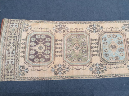 3x11 mute soft oushak turkish runner rug, vintage turkish runner rug, pastel handmade kitchen runner rug, bathroom rug, entryway runner rug