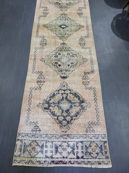 2.9 x 11.4 Low Wool Pile Oushak Runner Rug, Turkish Runner Rug, Vintage Runner Rug, Hallway Runner Rug Kitchen Runner Rug Wool Runner Rug