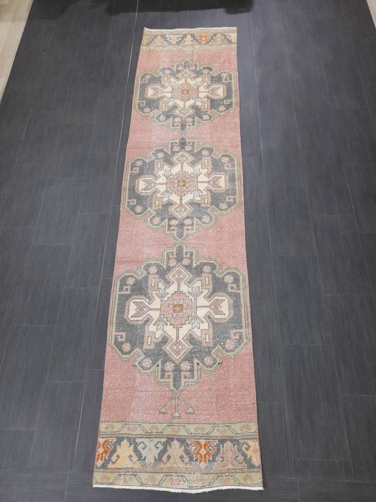 Muted Vintage Runner Rug 2.6 x 10.6 Hand Made Runner Rug Turkish Runner Rug Pink Vintage Runner Rug Hallway Runner Rug Wool Kitchen Runner