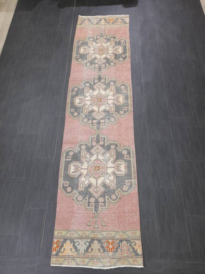 Muted Vintage Runner Rug 2.6 x 10.6 Hand Made Runner Rug Turkish Runner Rug Pink Vintage Runner Rug Hallway Runner Rug Wool Kitchen Runner