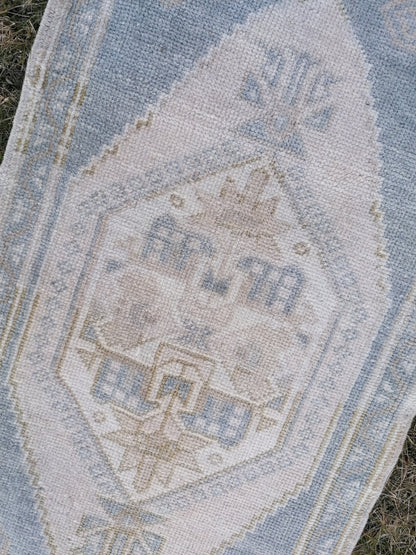 1'9x10'5 muted blue runner rug, faded vintage turkish runner,  hallway runner rug, kicthen runner rug, oushak runner rug