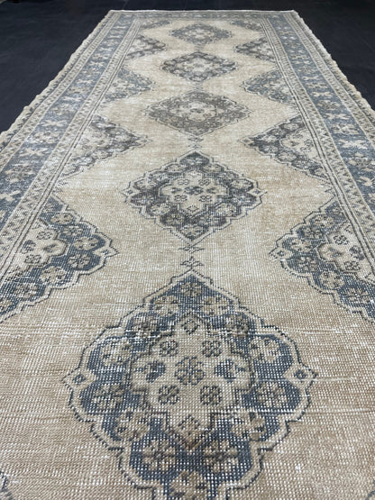 Vintage Hand Knotted Rug Vintage 4.2 x 11  Runner Muted Runner Rug Turkish Runner Rug Vintage Runner Rug Star Kitchen Runner Most See Rug