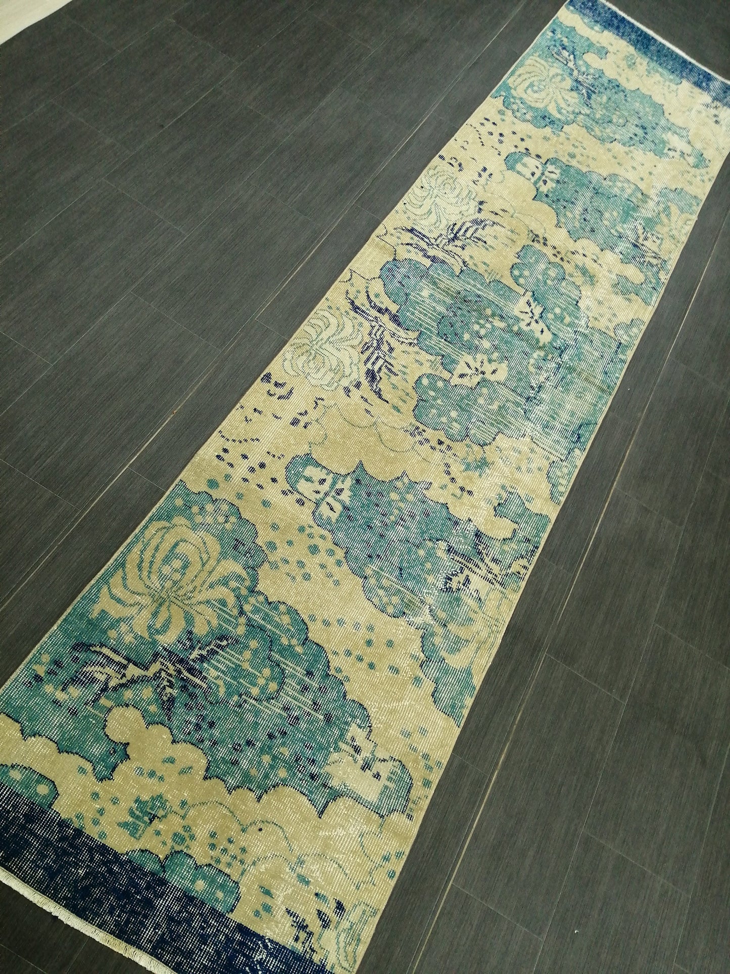 Oushak Runner Rug 10.5 X 2.5  Turkish Runner Rug Vintage Runner Rug  Beige and Blue Hallway Runner Rug Kitchen Runner Rug vinatgeturkish_rug