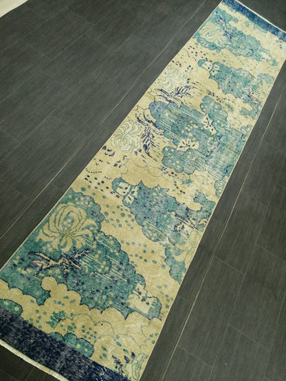 Oushak Runner Rug 10.5 X 2.5  Turkish Runner Rug Vintage Runner Rug  Beige and Blue Hallway Runner Rug Kitchen Runner Rug vinatgeturkish_rug