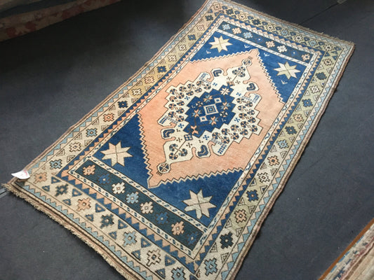 4x7.6 feet handmade blue kitchen floor rug, vintage living room area rug, pink turkish bedroom rug, oushak bathroom rug, wool bohemian rug
