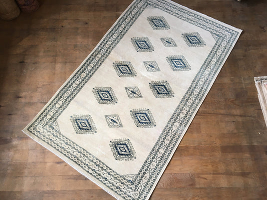 3x5 feet handmade blue turkish rug, oushak white large rug, vintage wool living room area rug, hallway old oriental rug, large floor rugs