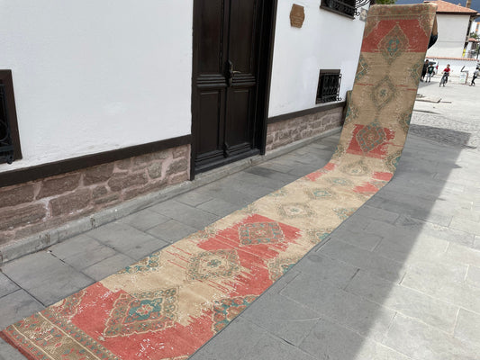 Muted Vintage Extra Long Turkish Runner Oushak  2.7 x 20.5 Stairs Runner Rug Vintage Runner XL Oriental Runner Staircase Handmade Runner