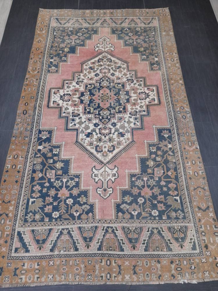 Blue and Pink OUSHAK RUG 6 x 11 TURKISH Rug Vintage Oriental Rug Vintage Persian Rug Wool Oushak Rug Hand Made Rug Vintage Turkish Rug
