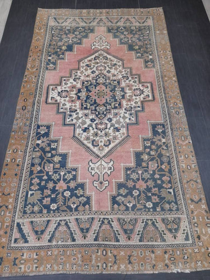 Blue and Pink OUSHAK RUG 6 x 11 TURKISH Rug Vintage Oriental Rug Vintage Persian Rug Wool Oushak Rug Hand Made Rug Vintage Turkish Rug