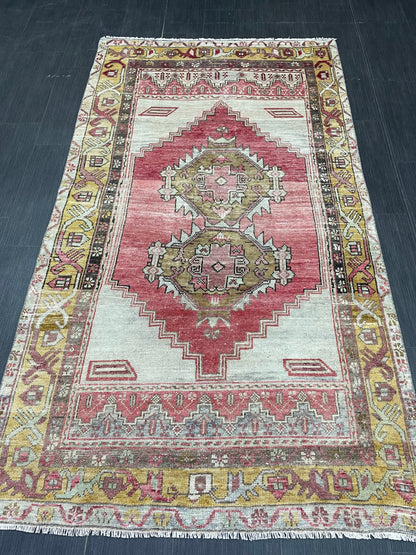 Vintage TURKISH Rug 3.7 x 6.7 Muted Rug Vintage Oushak Wool On Wool Rug Vintage Runner Rug Wool Rug Hand Made Rugs Vintage Turkish Rug