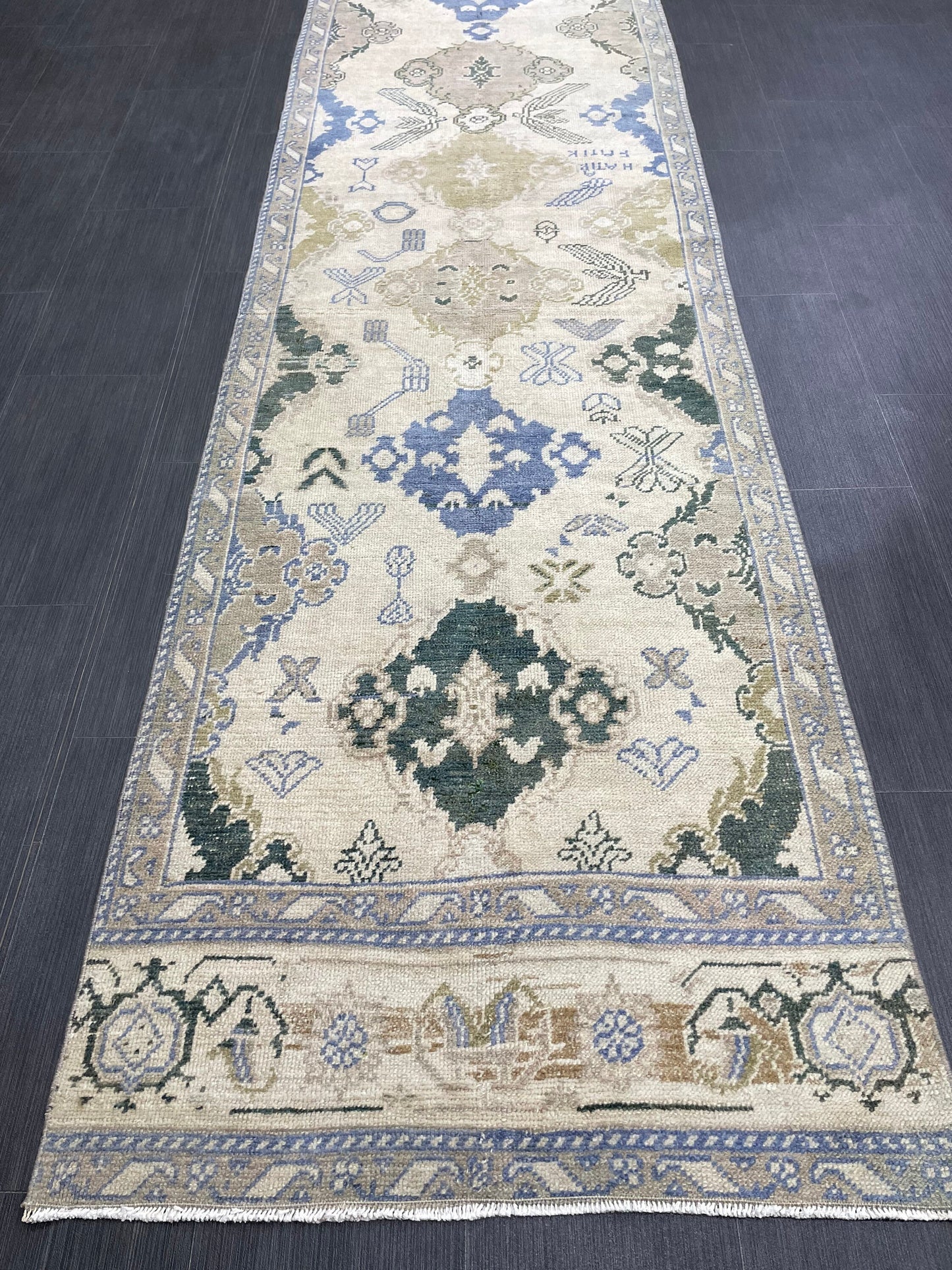 Blue Green Turkish Oushak Runner Rug  3x13 ft Turkish Runner Rug XL Vintage Runner Rug Long Hallway Runner Rug Kitchen Runner Wool Pile