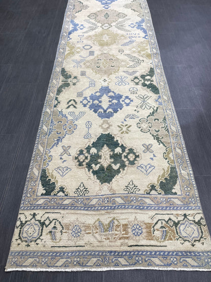 Blue Green Turkish Oushak Runner Rug  3x13 ft Turkish Runner Rug XL Vintage Runner Rug Long Hallway Runner Rug Kitchen Runner Wool Pile
