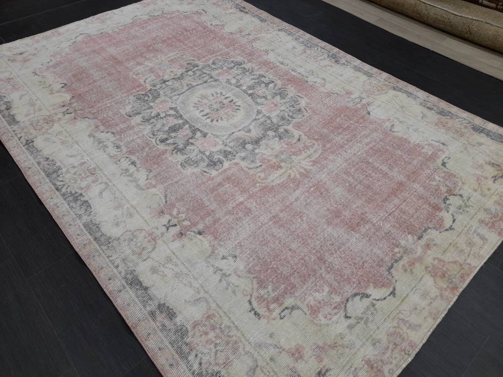 Distressed Vintage Rug TURKISH HAND MADE Rug 6 x 8.8 Vintage Turkish Rug Oushak Rug Turkish Oriental Rug Persian Vintage Oushak Rug Wool Rug