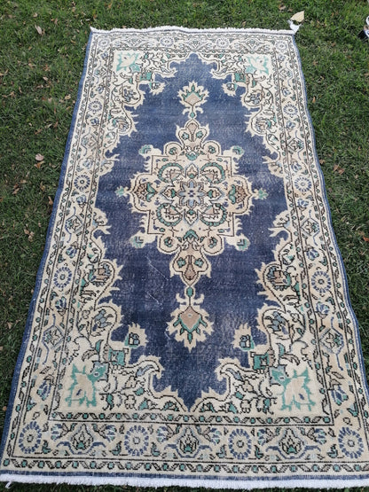 Turkish oushak rug, blue vintage rug 7'2x3'10