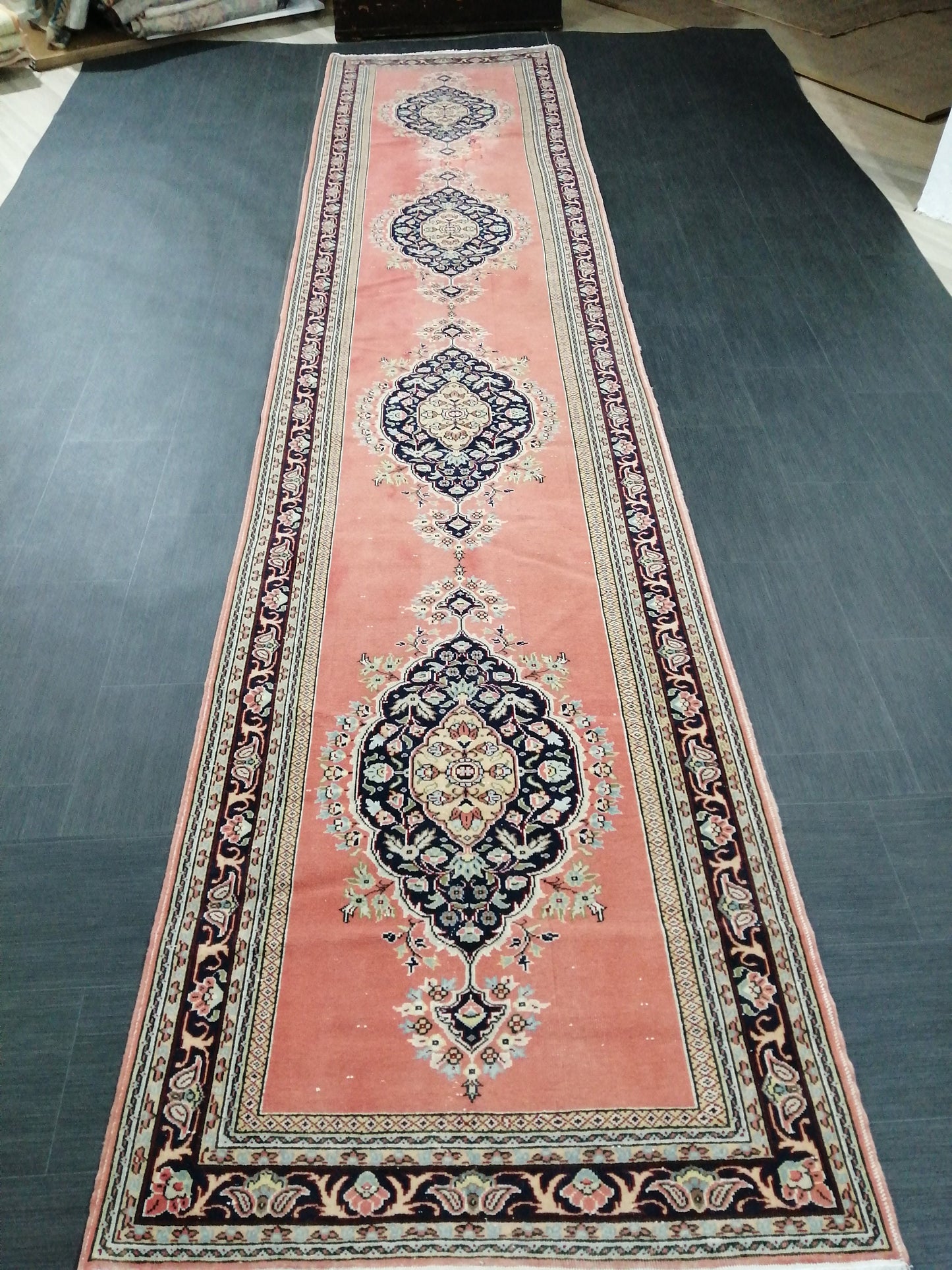 Oushak Runner Rug 3.2 x 14 Turkish Runner Rug Persian Vintage Runner Pink and Navy XL Hallway Runner Rug Stairs Runner Rug Extra Long Runner