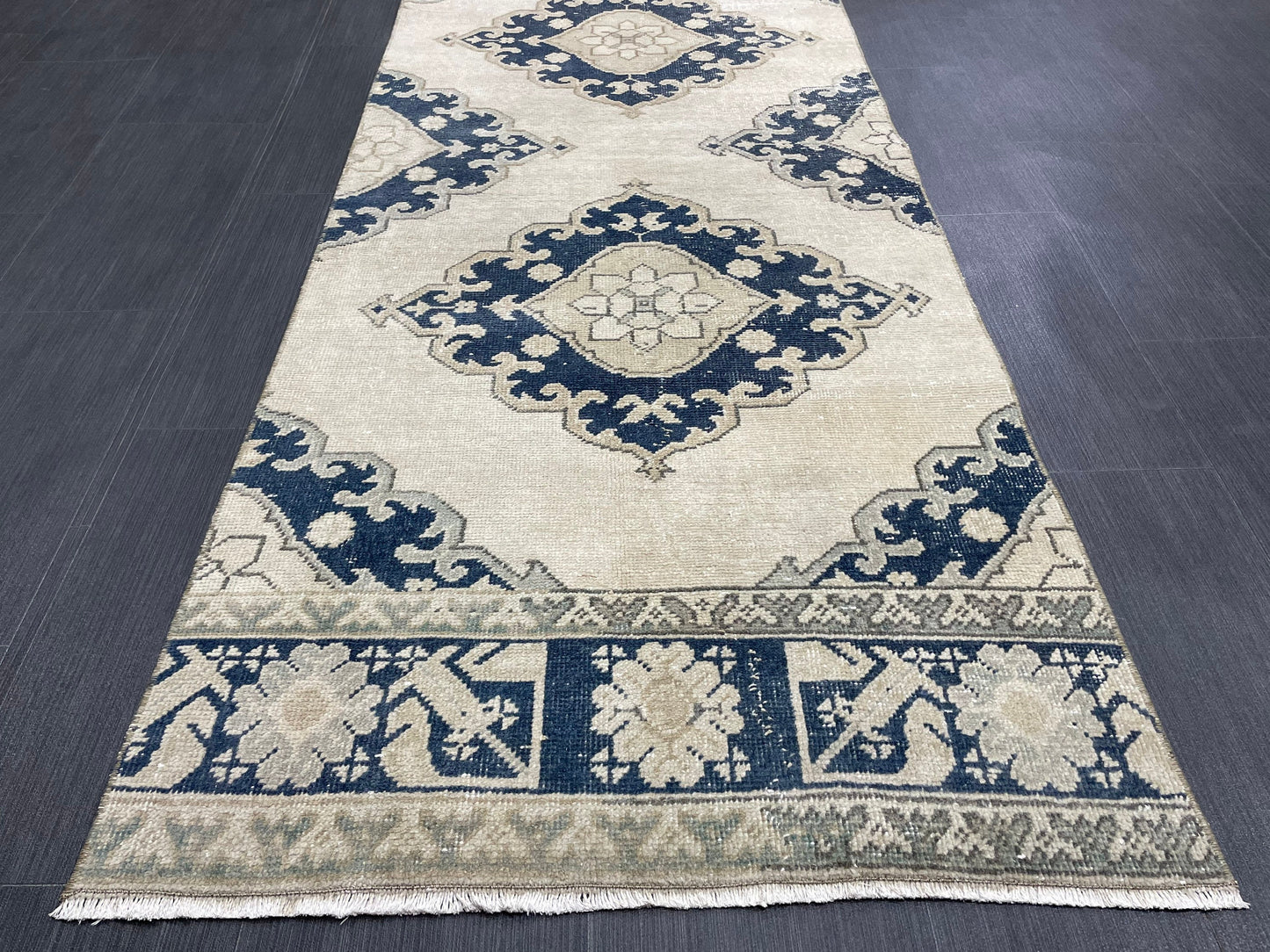 WOOL Hand Knotted Runner Rug Turkish Runner Rug 2.8 x 12.7 Muted Vintage Hallway Runner Rug Kitchen Runner Rug Persian Runner Rug Navy