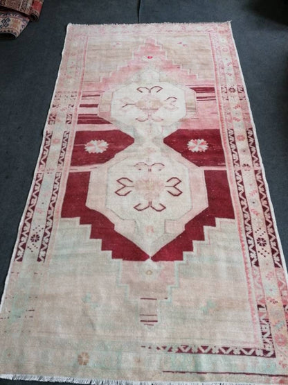 4'9x9 oushak turkish rug, pastel turkish rug, vintage hand made wool runner hallway vintage rug,kitchen runner rug