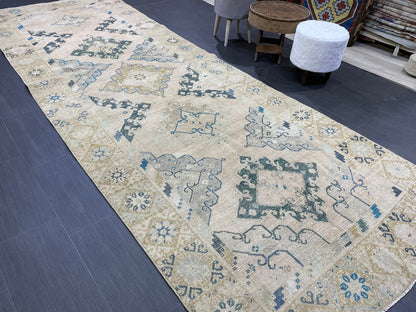 Vintage RUG, Antique Rug, 4.6 x 12.9 Distressed Muted Rug, Muted Wool Neutral Rug, Handmade Rug, Vintage Turkish Rug, Hand Knotted Rug,