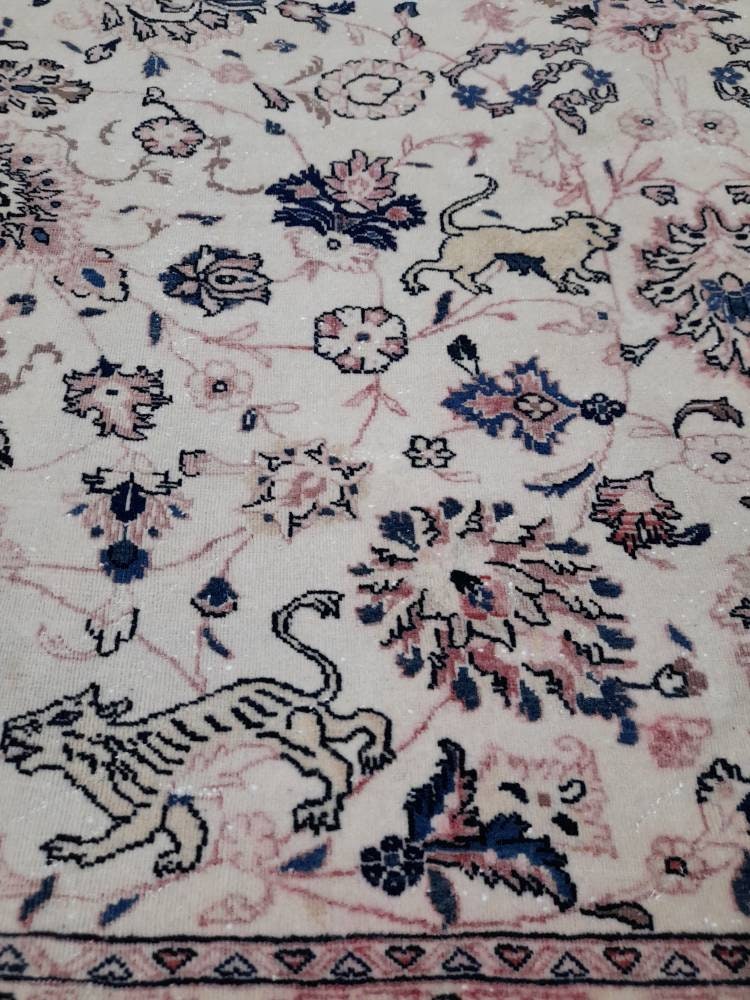 PERSIAN Rug 10 x 13.5 Vintage Oriental Rug Vintage Persian Rug Blue and Cream Rug Fine Knotted Hand Made Rug Turkish Rug Animal Motifs Rug