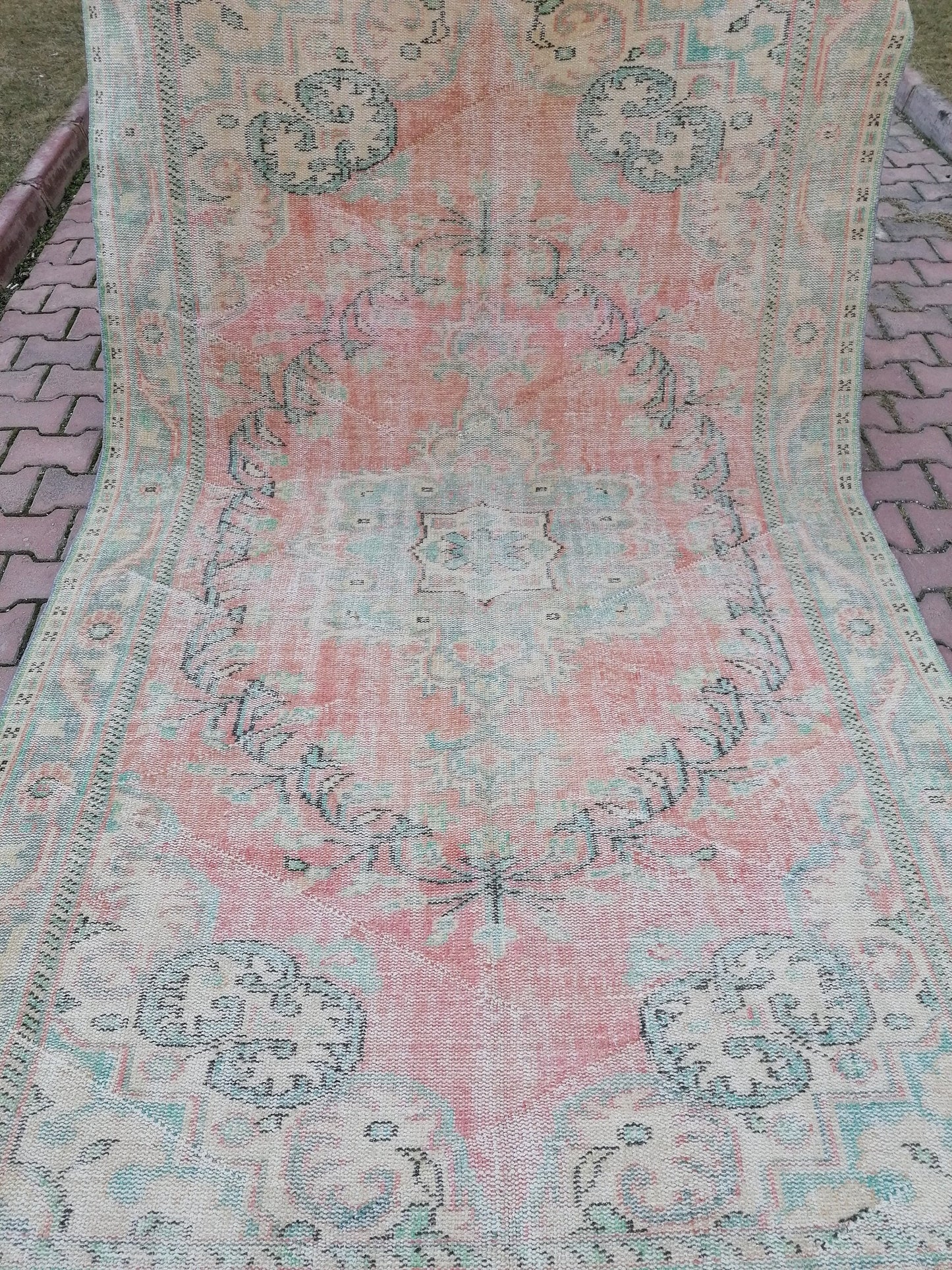 Large vıntage green rug, dıstressed oushak rug 9'5x5'9 turkish area rug