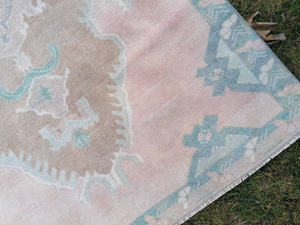 4'6x7'4 pink wool rug, vintage oushak rug, turkish hand made living room rug